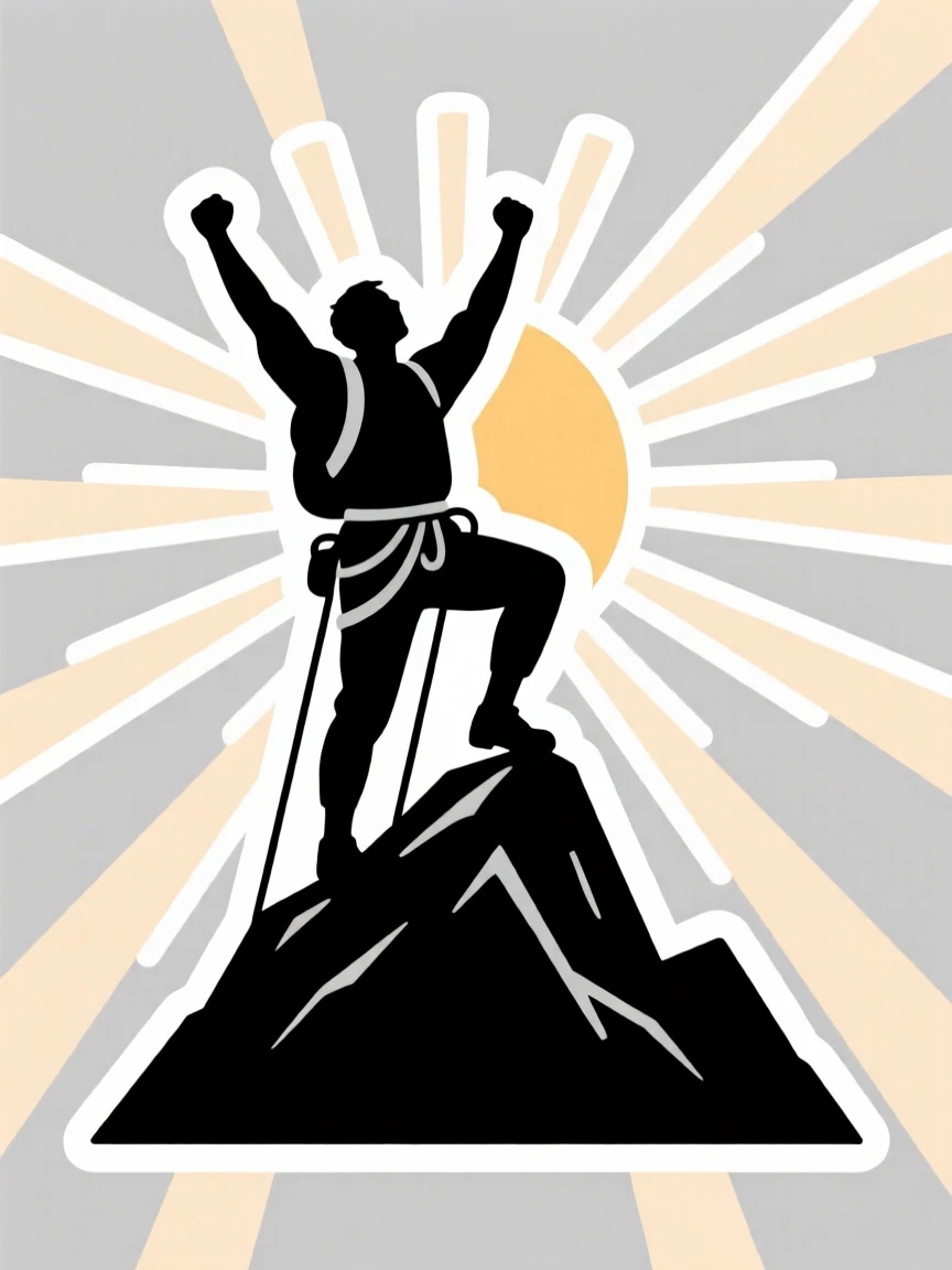 A softly triumphant scene of a climber reaching the summit with arms raised in triumph, framed by soft rays of morning sun, capturing a moment of pure hope.