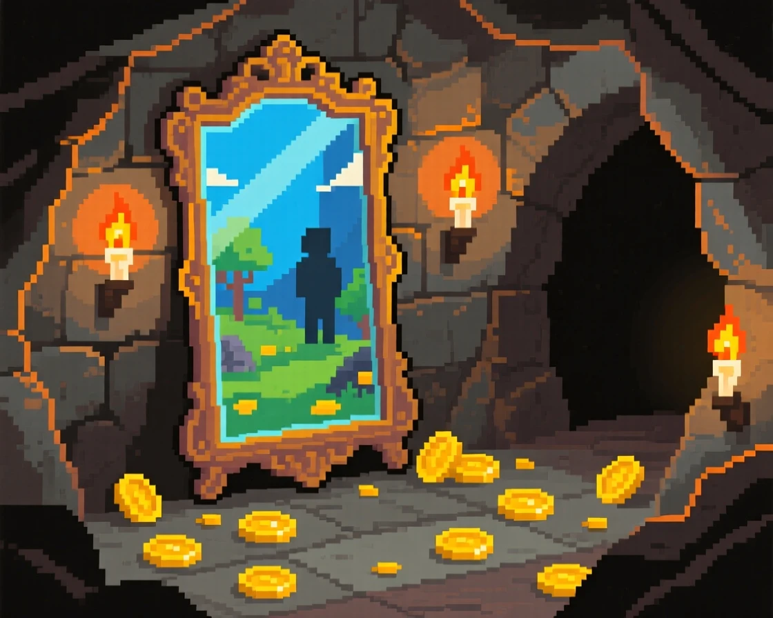 A mirror that shows another world surrounded by scattered gold coins, within a cave lit by torchlight.