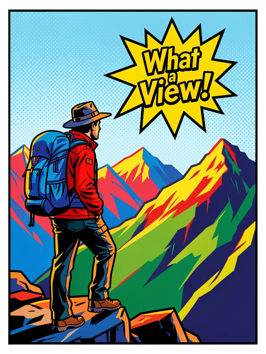 An alpine hiker pausing to admire a sweeping mountain vista