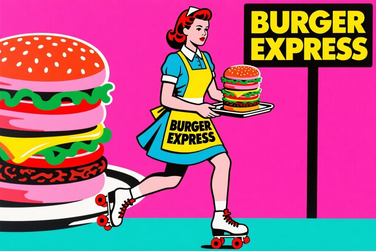Retro roller skating waitress serving burgers