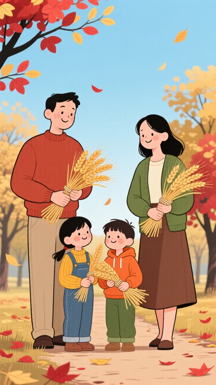 A family gathers bundles of wheat in a autumn orchard as red and gold leaves drift down around them under a crisp blue sky.