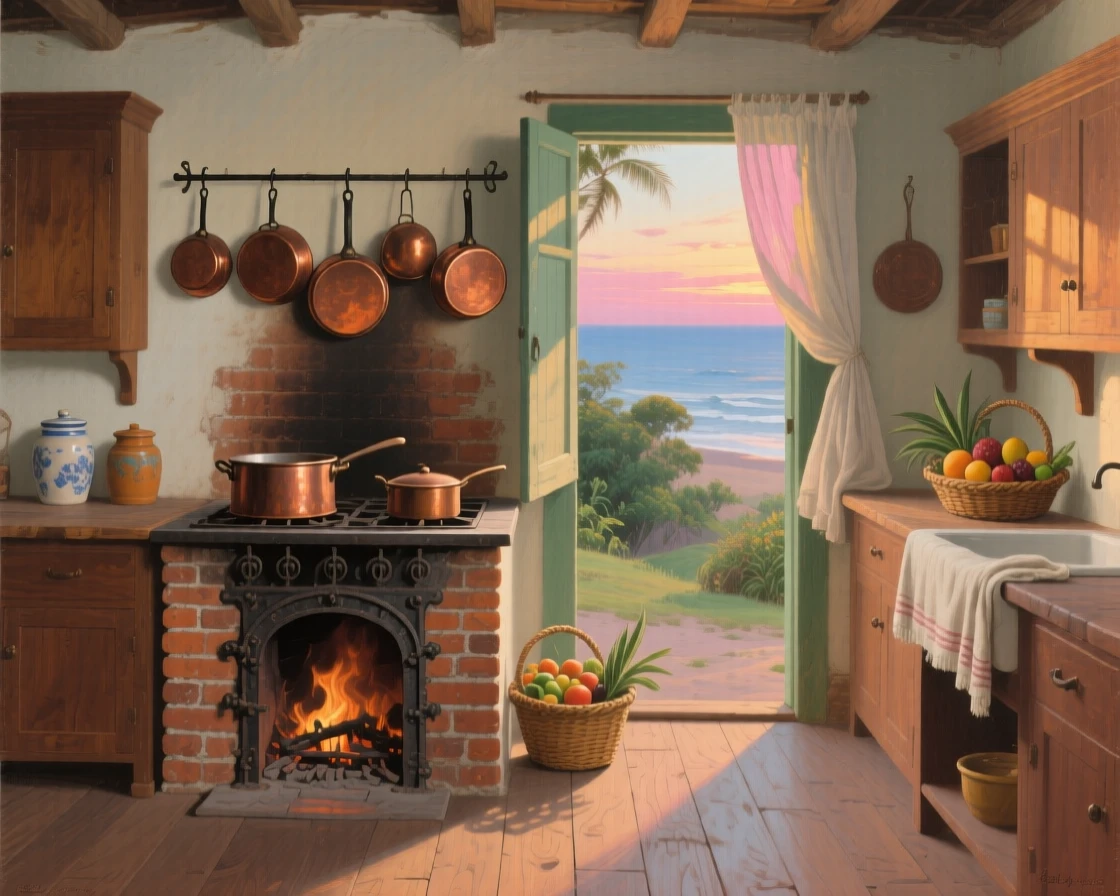 A well-framed scene of a farmhouse kitchen with copper pots hanging above a wood-fired stove, just after sunrise, in a Brazilian coastal town.