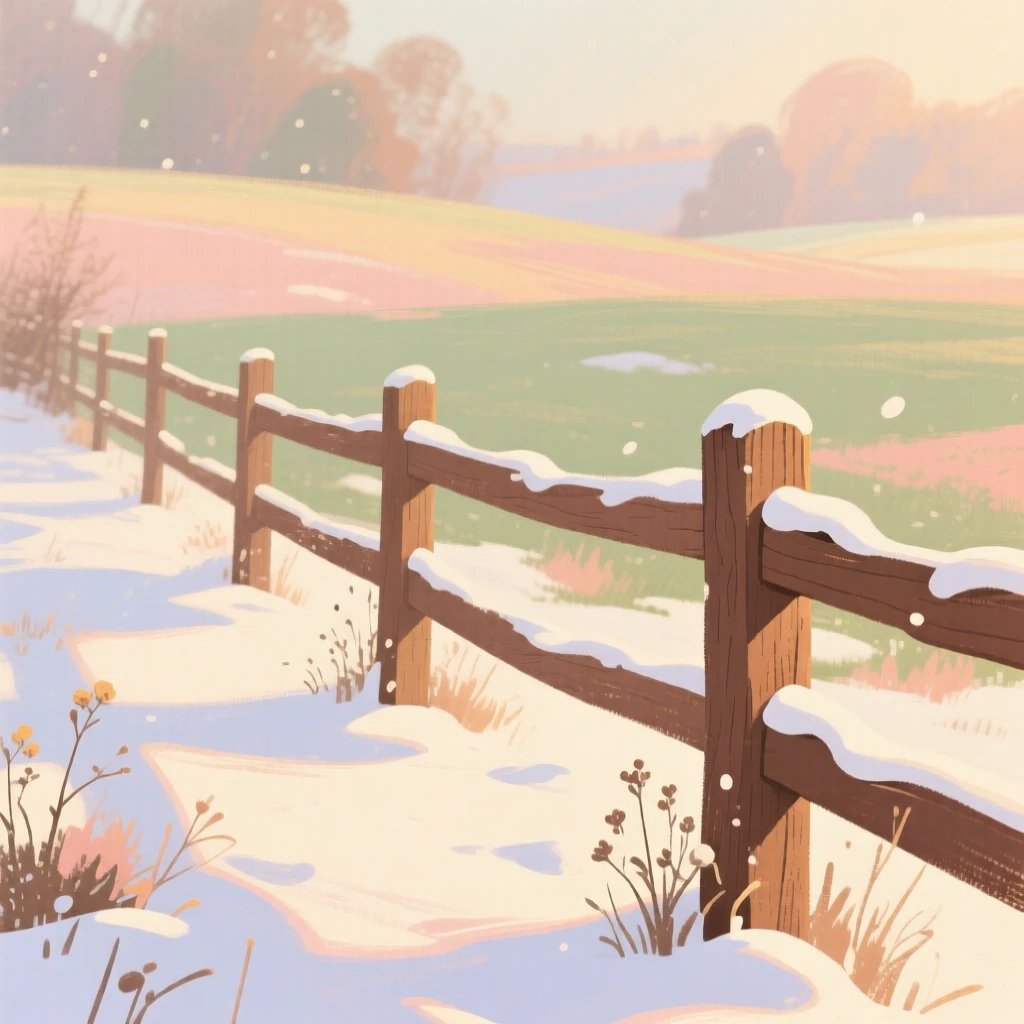 A country fence line dusted with the first snow of winter