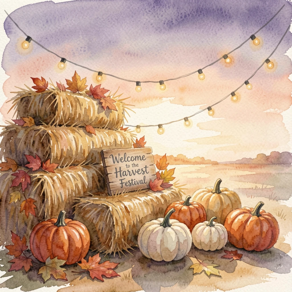 A harvest festival with hay bales and pumpkins with festive decorations glowing softly.