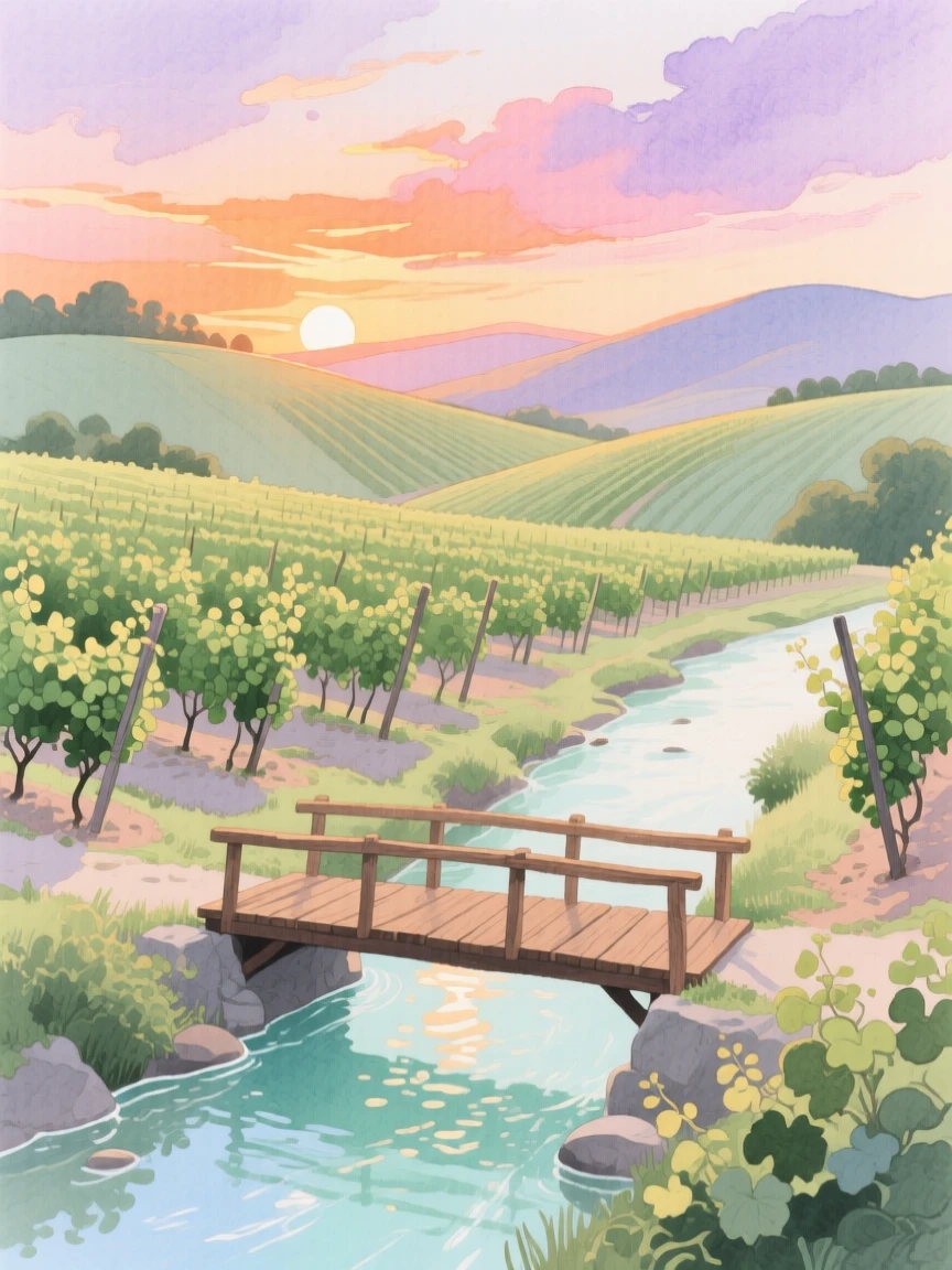 A breathtaking view of a rolling vineyard as the sun sets in brilliant colors, with a small wooden bridge crossing a stream