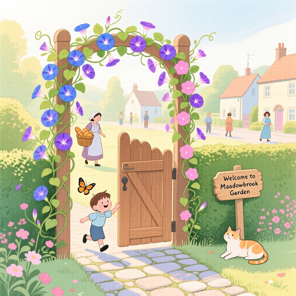 A garden gate covered in morning glories, bustling gently with everyday village life.