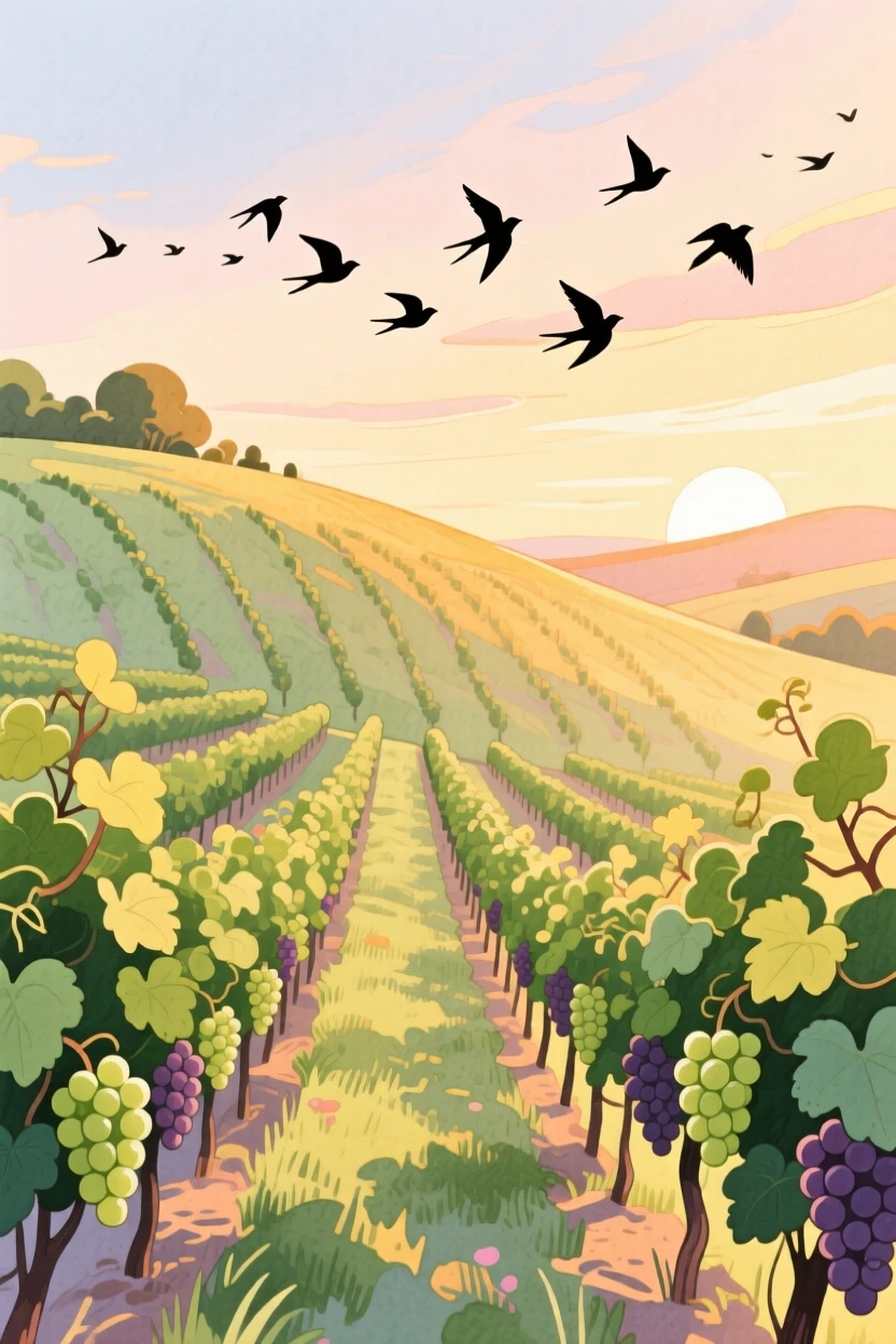 A hillside vineyard bathed in warm evening light, with a flock of birds silhouetted against the sky, capturing the breathtaking beauty of untouched nature.