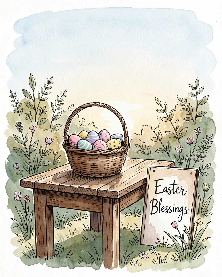 A quiet Easter morning with a basket of eggs on a garden table, a nostalgic, comforting atmosphere settling over the scene.