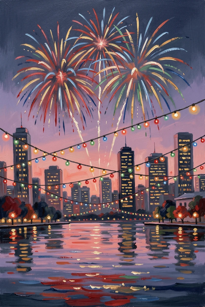At dusk, as lights begin to twinkle on, a fireworks display bursting above a city skyline, beneath strings of colorful lights crisscrossing overhead, fireworks reflecting off the water below.