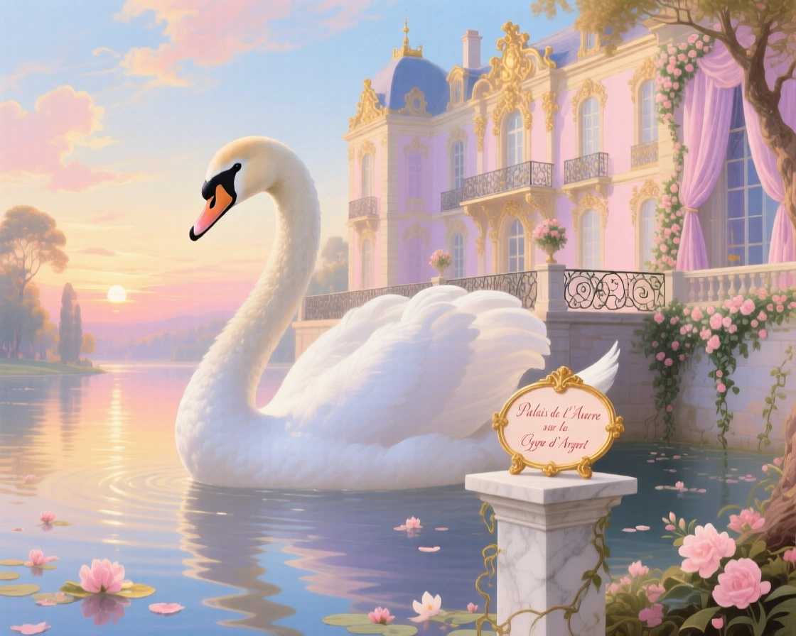 A sunrise palace built upon the back of a gentle white swan  
