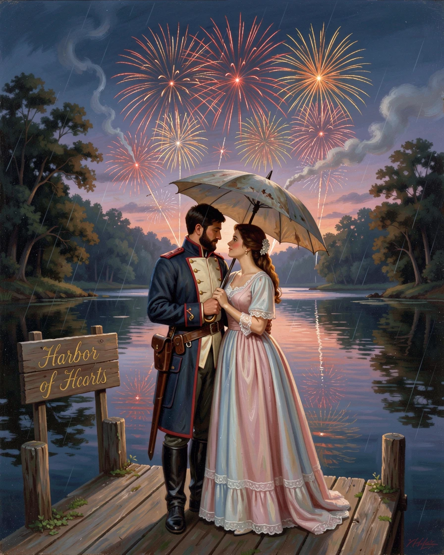 A soldier and his sweetheart share an umbrella beneath a quiet lakeside dock as fireworks light up the horizon.