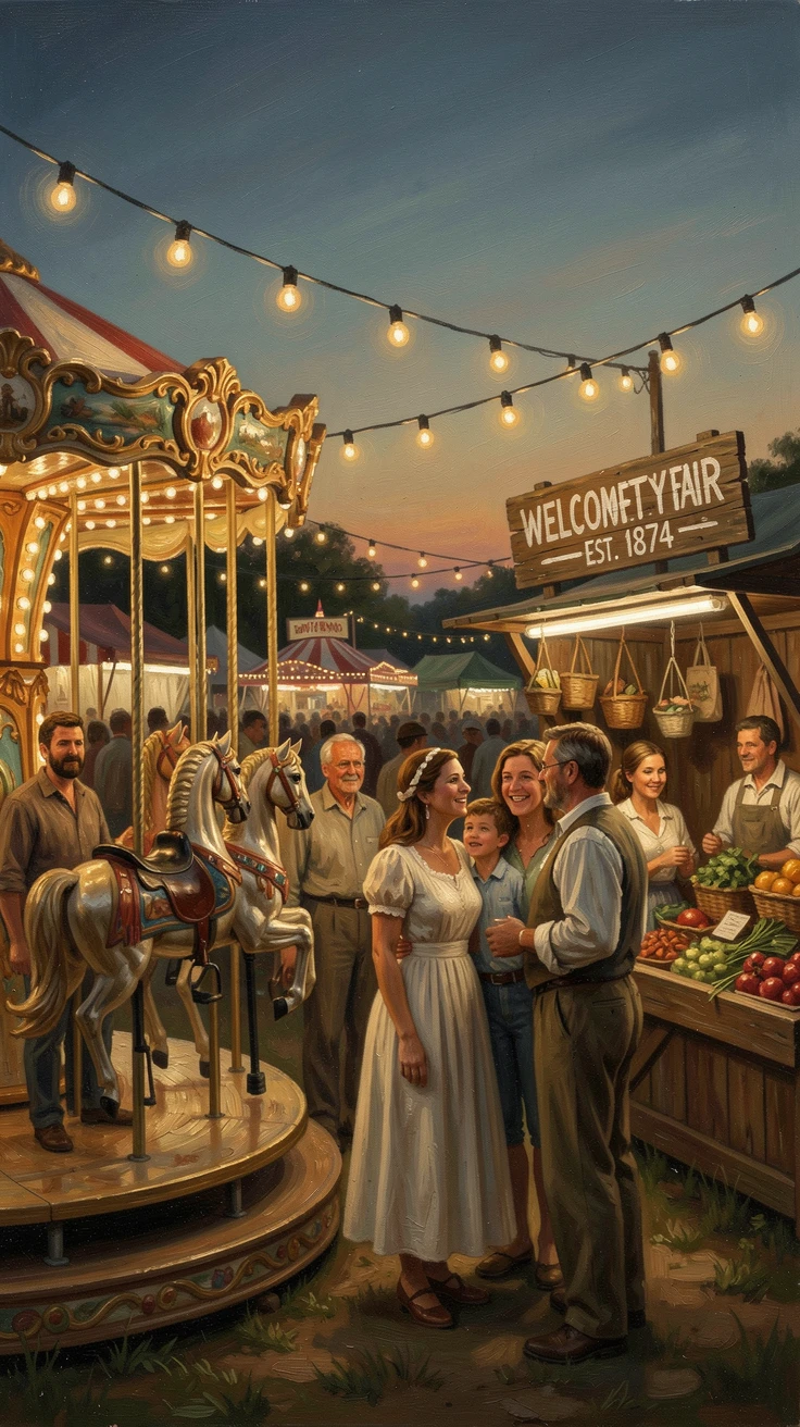 A summer county fair glowing with carnival lights at dusk, as golden or twinkling light creates a magical atmosphere, radiating comfort, celebration, and heartfelt togetherness