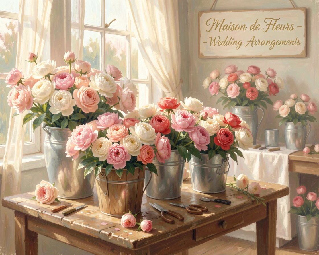 A charming florist's workshop with buckets of roses and peonies arranged for a wedding order, evoking timeless charm and quiet elegance.