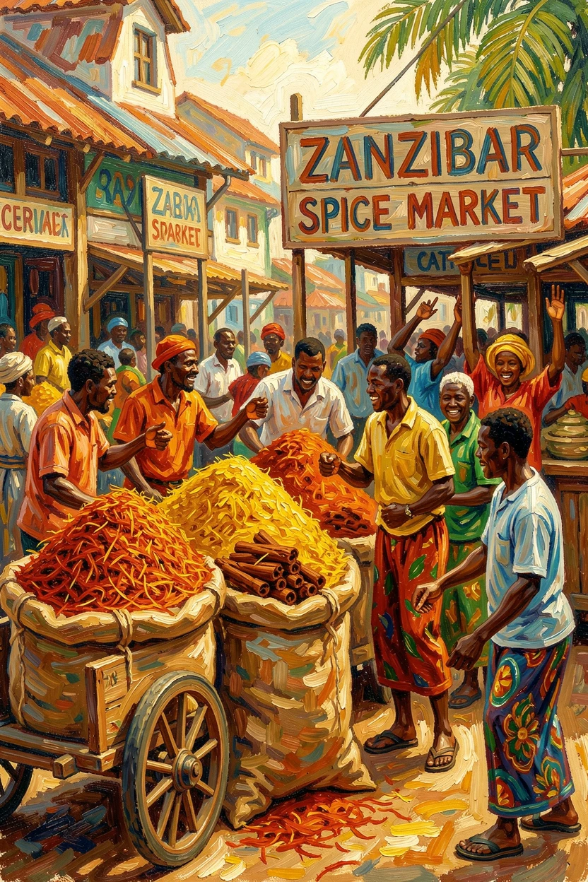 A bustling spice market in Zanzibar, sacks of saffron and cinnamon stacked high.