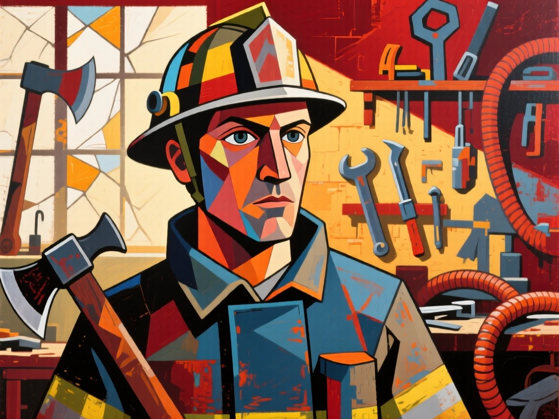 A medium shot portrait of a firefighter in a sunlit workshop, focused and content in the craft.