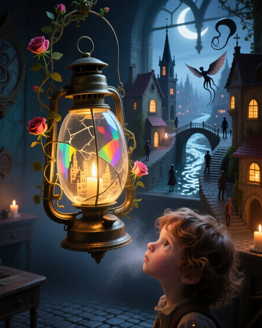 A miniature city glowing softly inside an old glass lantern reveals itself only when held up to the light, while a curious child peers closely to see inside.