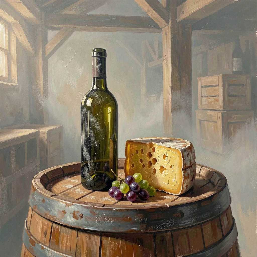 A rustic wine cellar still life shows a dusty bottle beside a wedge of aged cheese and a cluster of grapes on an oak barrel, the air carrying a faint mist that softens distant shapes without obscuring the overall view.