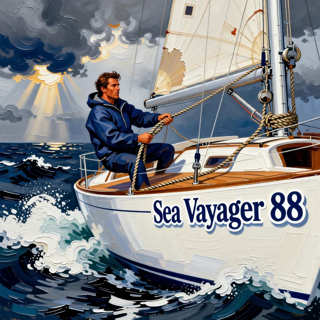 A sailor trimming sails aboard a racing yacht as it heels sharply through rough seas