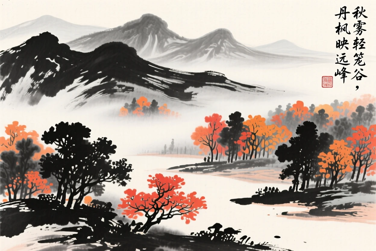 Autumn mist settles over a valley dotted with orange and crimson trees, with distant peaks rising above a sea of colorful trees.