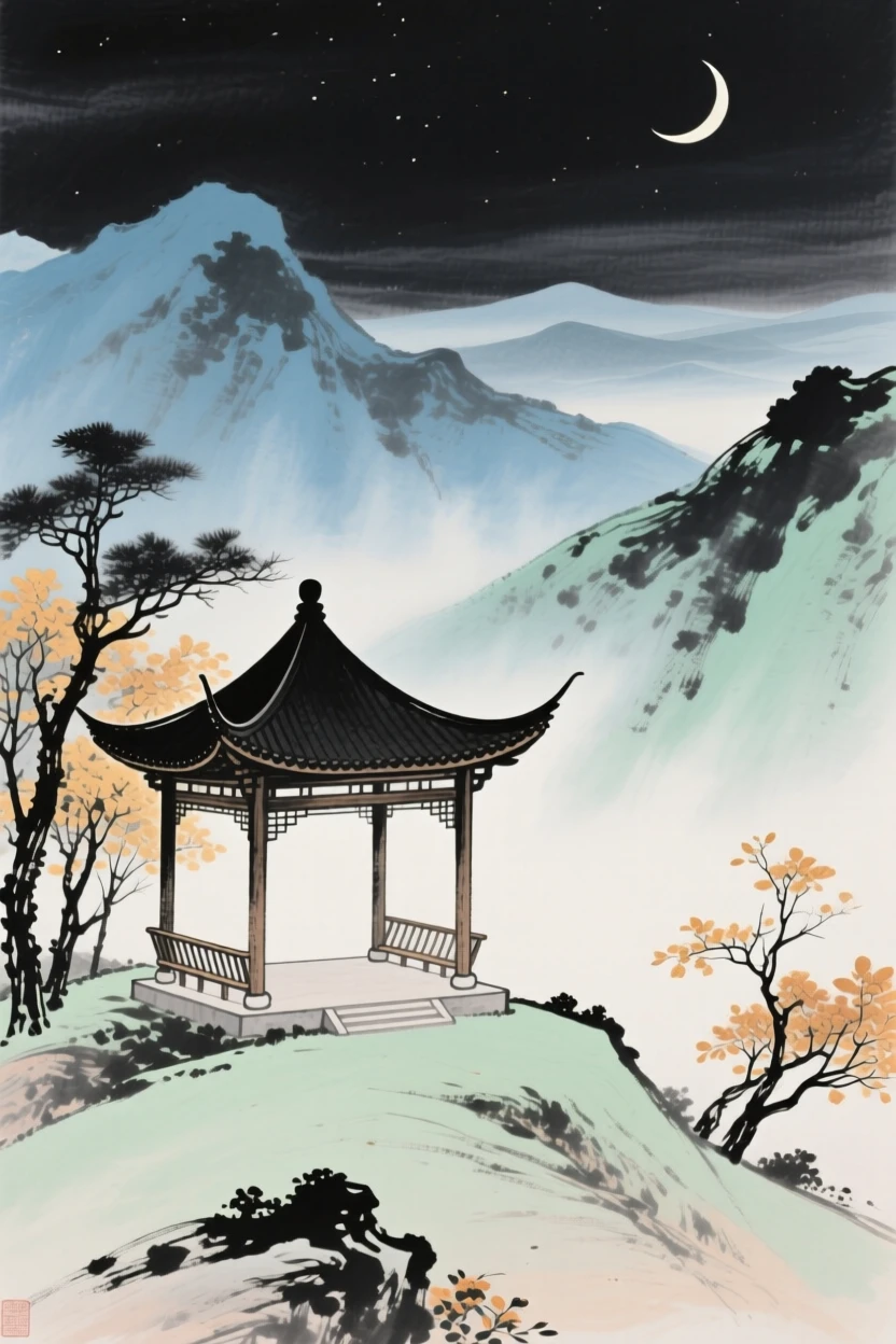 An empty pavilion overlooking mountains fading into evening haze, beneath a crescent moon, as autumn leaves turn golden.