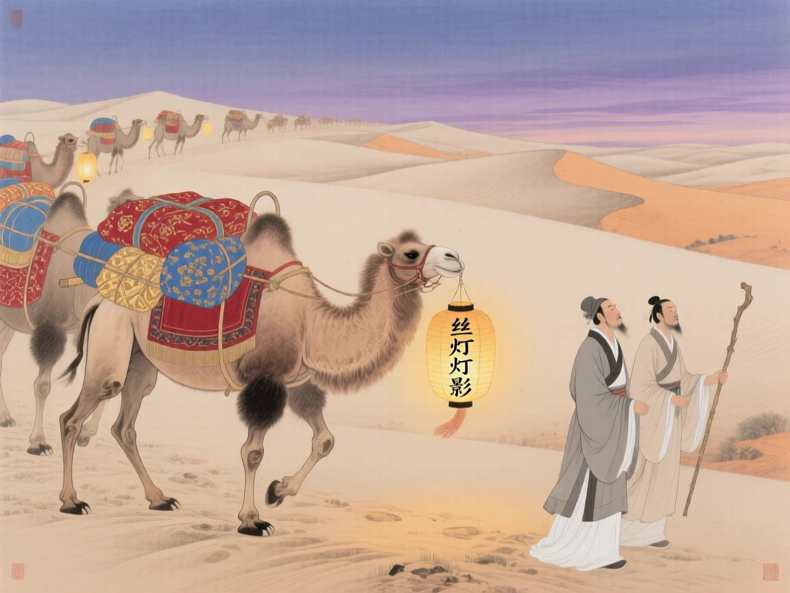 A caravan of traders crossing a desert with camels loaded with silk, with lanterns lighting the path ahead