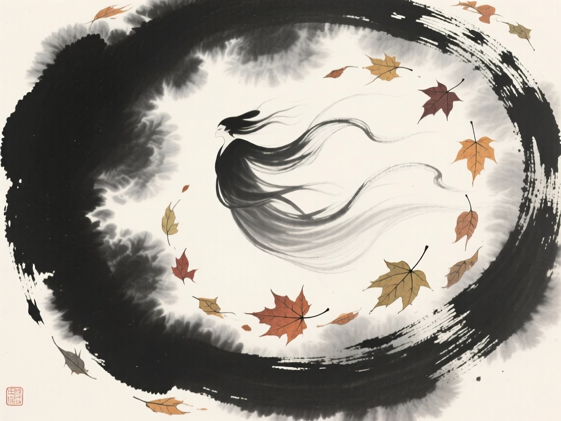 A wind spirit stirring autumn leaves into a spiral within a swirl of luminous cloud, captured mid-motion with flowing, graceful lines, conveying graceful power and serene majesty.