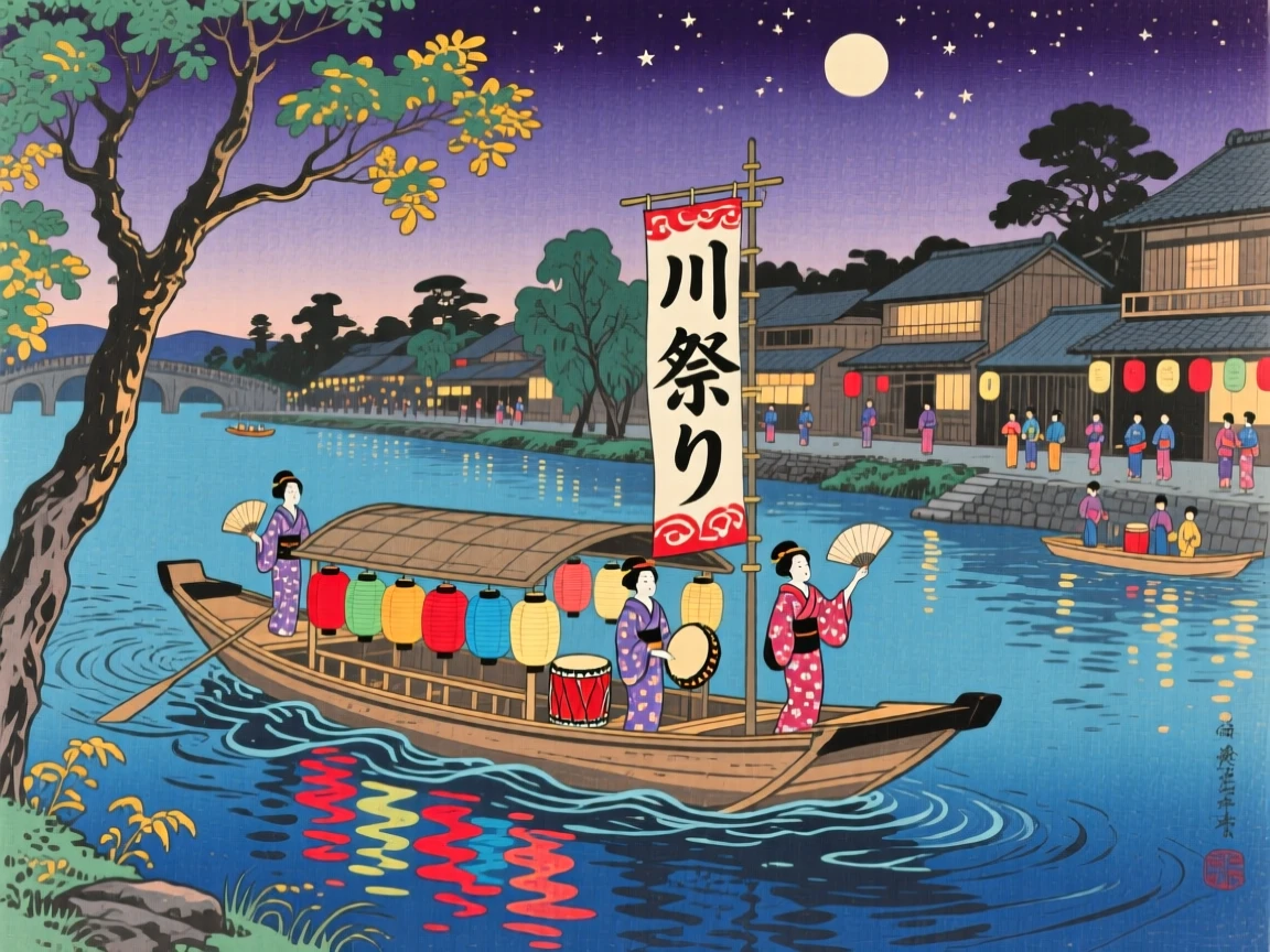 A river boat festival reflected shimmering in calm evening water.