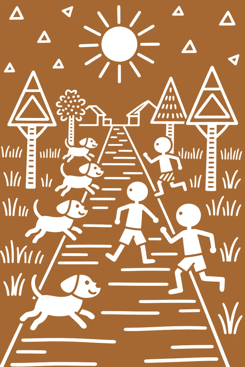 A group of playful puppies chasing children racing each other down a village path.