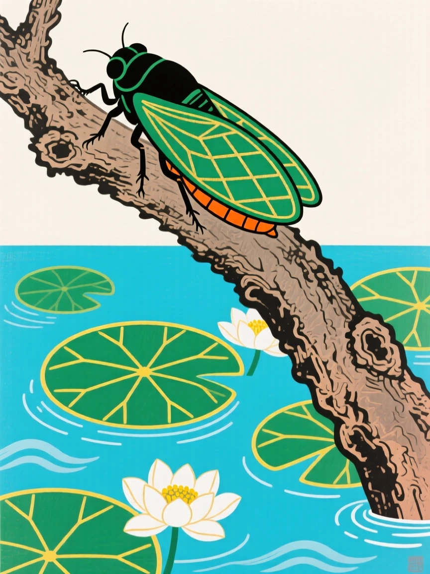 A cicada on a tree trunk gliding through clear water beneath lily pads.