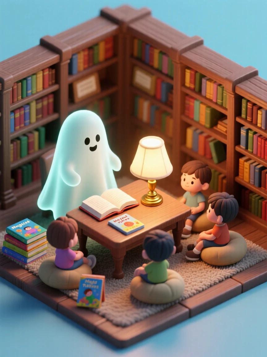 A friendly ghost haunting a cozy library, gently turning pages for children gathered around a warm reading lamp.