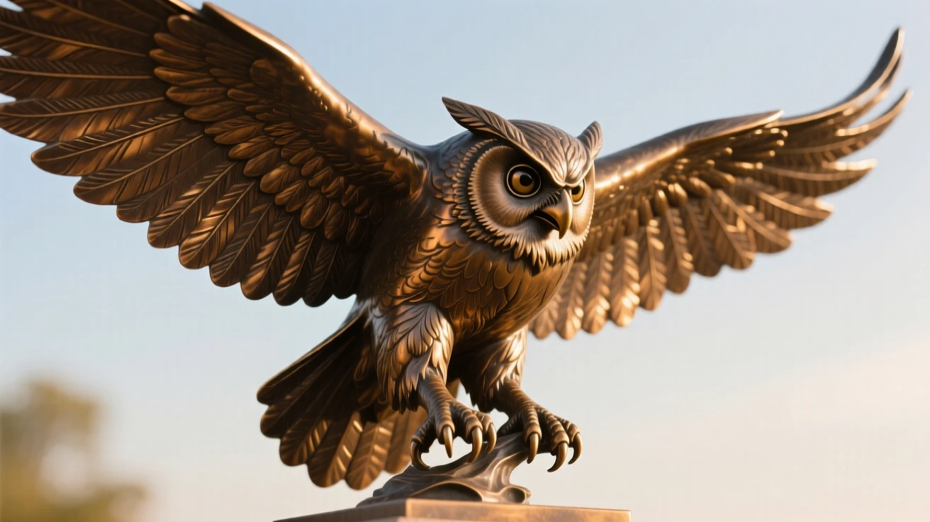 A great horned owl with wings spread in flight, bathed in warm, natural light, evoking wonder and majesty