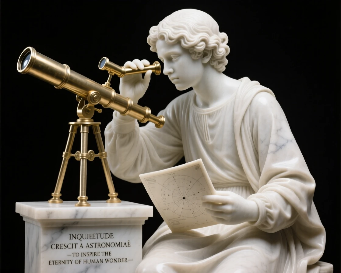 A vivid, emotionally rich scene of a young astronomer gazing through a telescope, in a moment of quiet stillness, designed to captivate and inspire