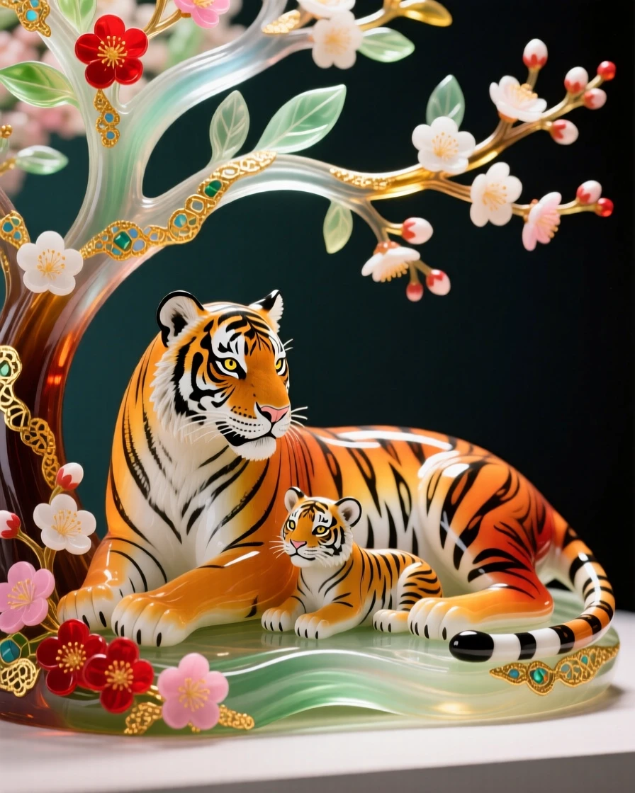 A mother tiger and cubs resting together beneath a blossoming tree, tender and majestic.
