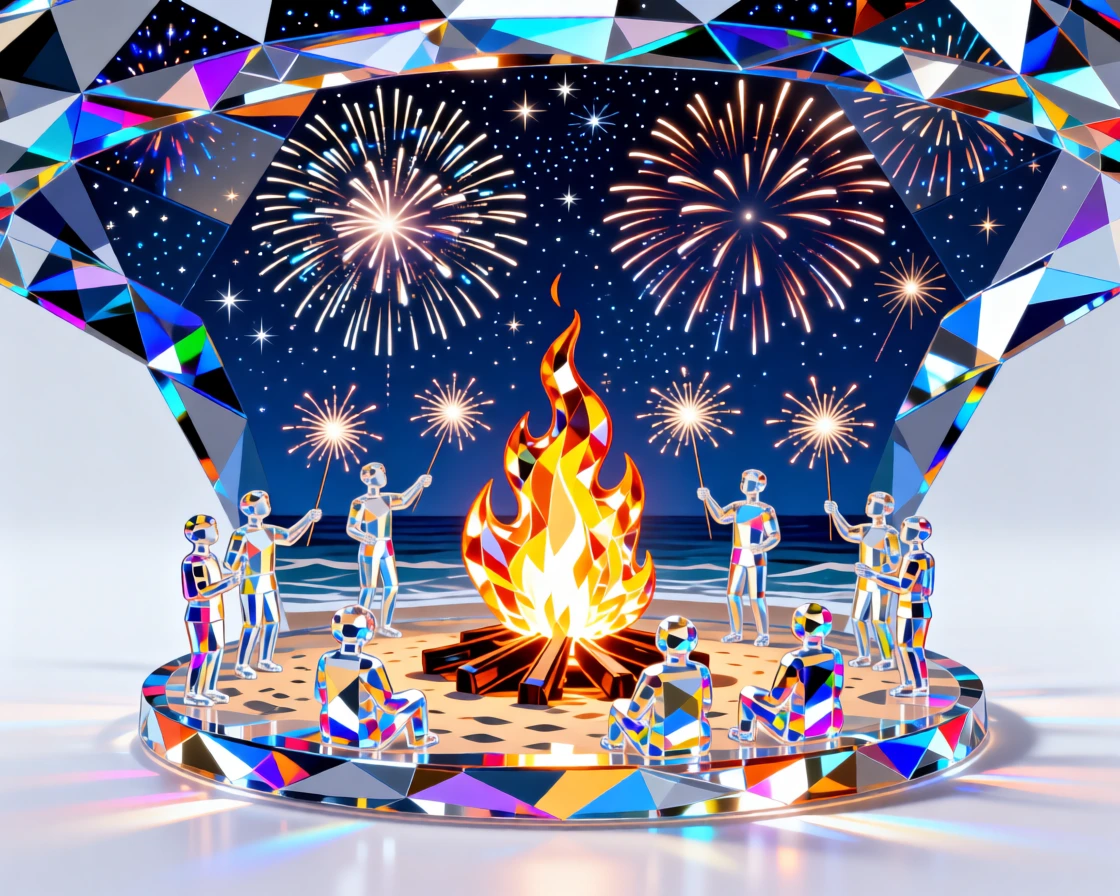 A Fourth of July beach bonfire with sparklers against a starry sky.