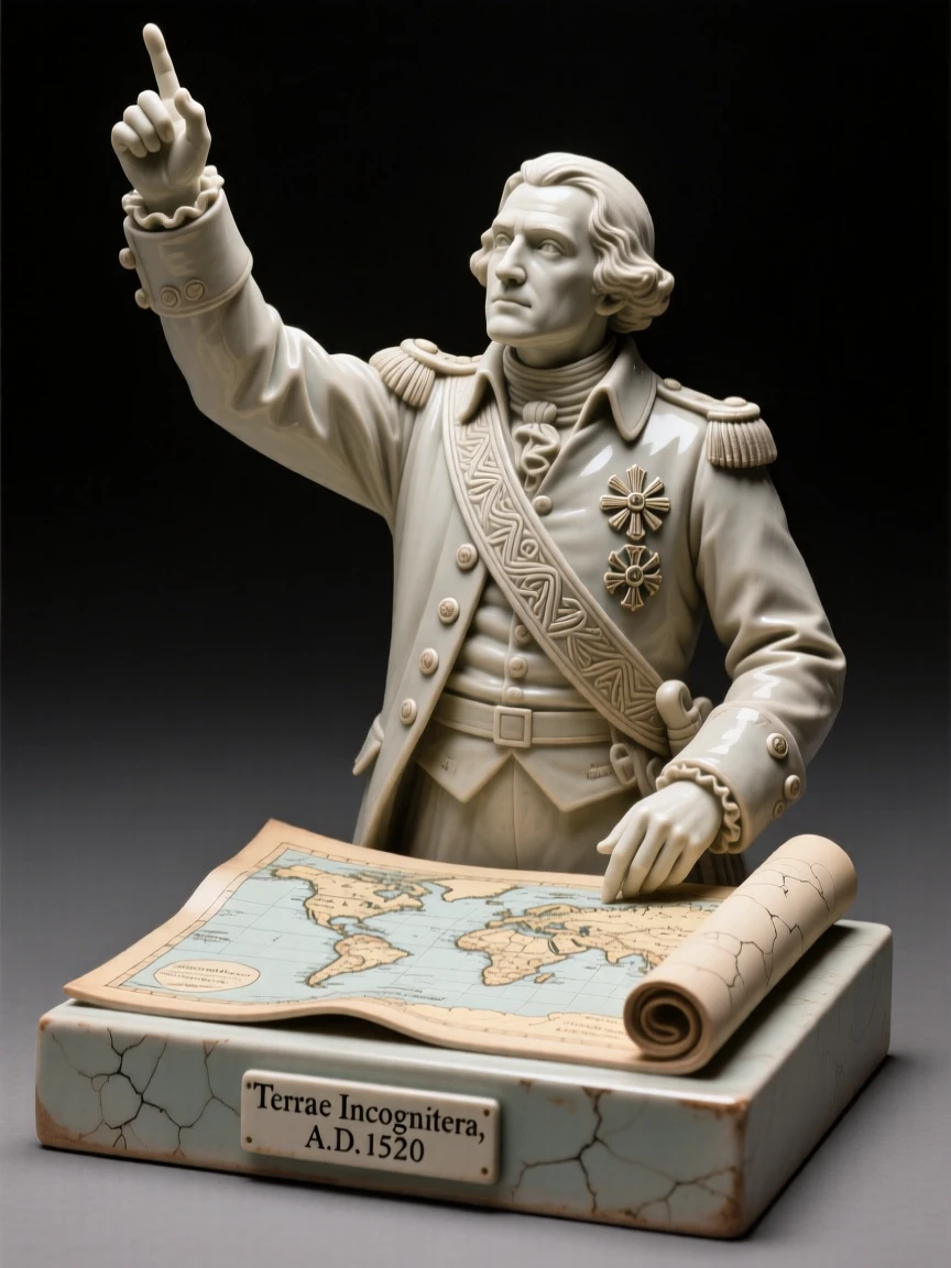 A explorer studying an old world map raising an arm in triumphant gesture, bearing markings of rank and honor, stirring a sense of timeless heritage.