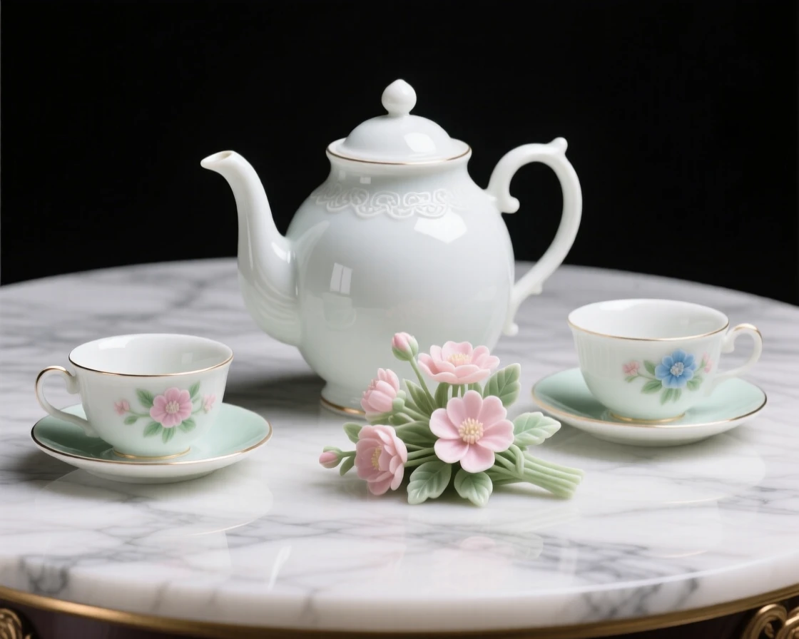 A refined still-life arrangement of a teapot, cups, and fresh flowers on a marble tabletop, rendered with rich, warm tones.