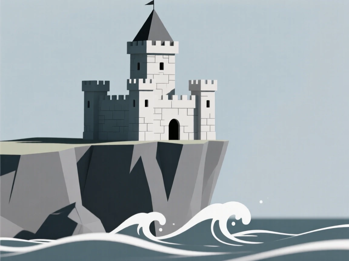 A tall stone castle perches dramatically on a cliff edge, waves crashing against the rocks far below.