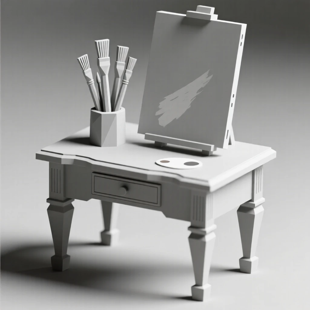 A set of paintbrushes beside a half-finished canvas, on an antique writing desk. muted tones give the scene a timeless quality. The scene feels nostalgic and quiet.