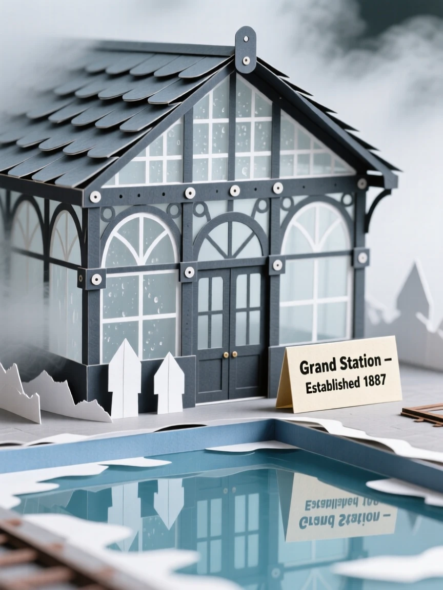A historic iron-and-glass train station surrounded by drifting morning mist, with reflections shimmering on a nearby pool, evoking timeless grandeur and reverence.