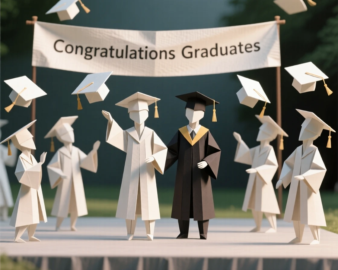 A graduation ceremony scene with caps being thrown into the air in celebration.