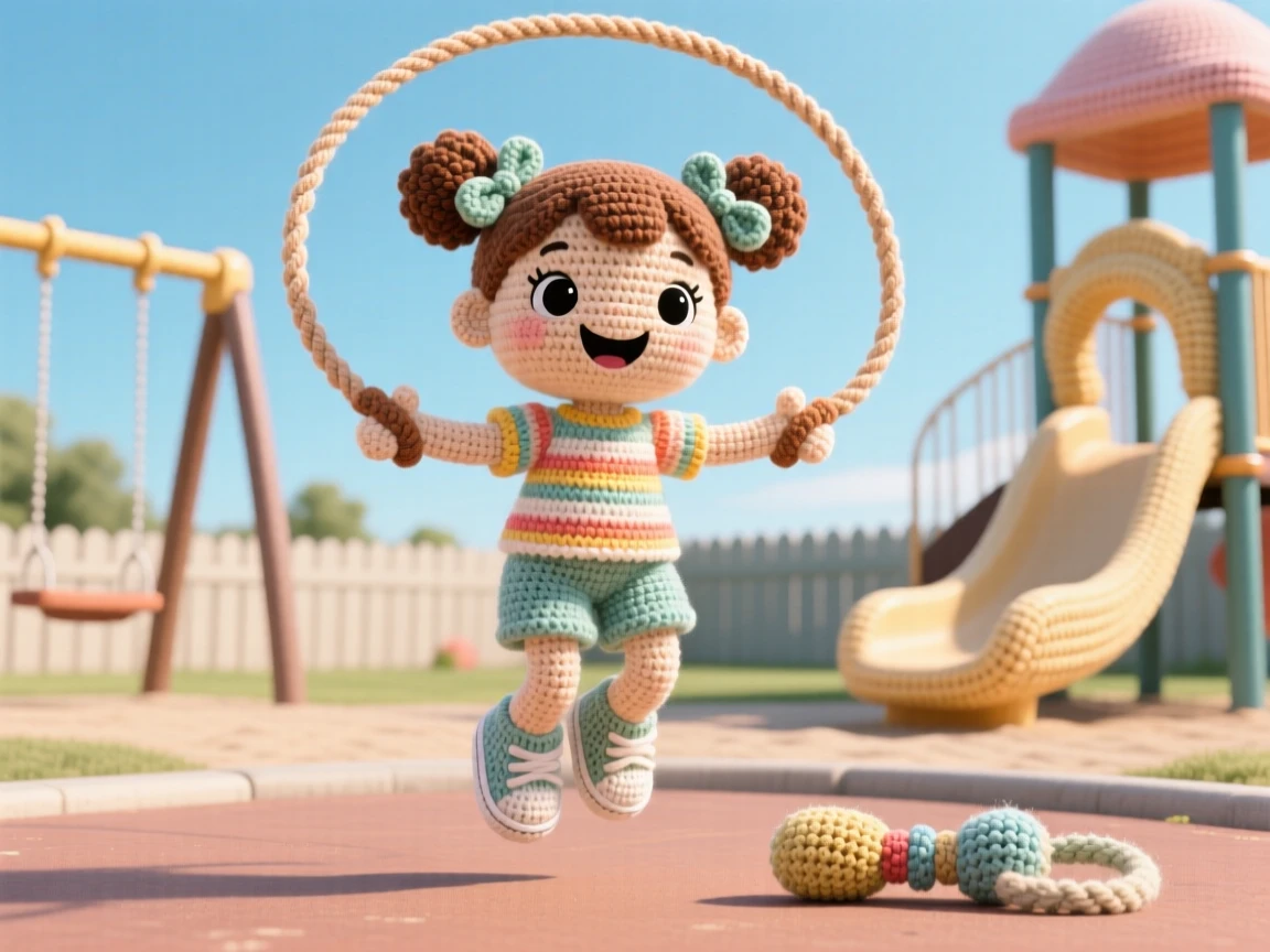 A cheerful scene of a little girl practicing double dutch jump rope with two ropes swinging, jumping happily in rhythm within a community playground on a clear day; a favorite well-worn tool resting close by nearby, full of the simple happiness of a favorite pastime.