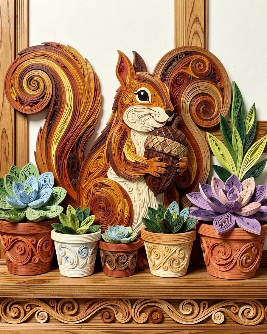 a squirrel hugging an acorn to its chest, on a windowsill lined with potted succulents, captured mid-motion with a joyful, candid feel, in cozy autumn tones of amber and rust.