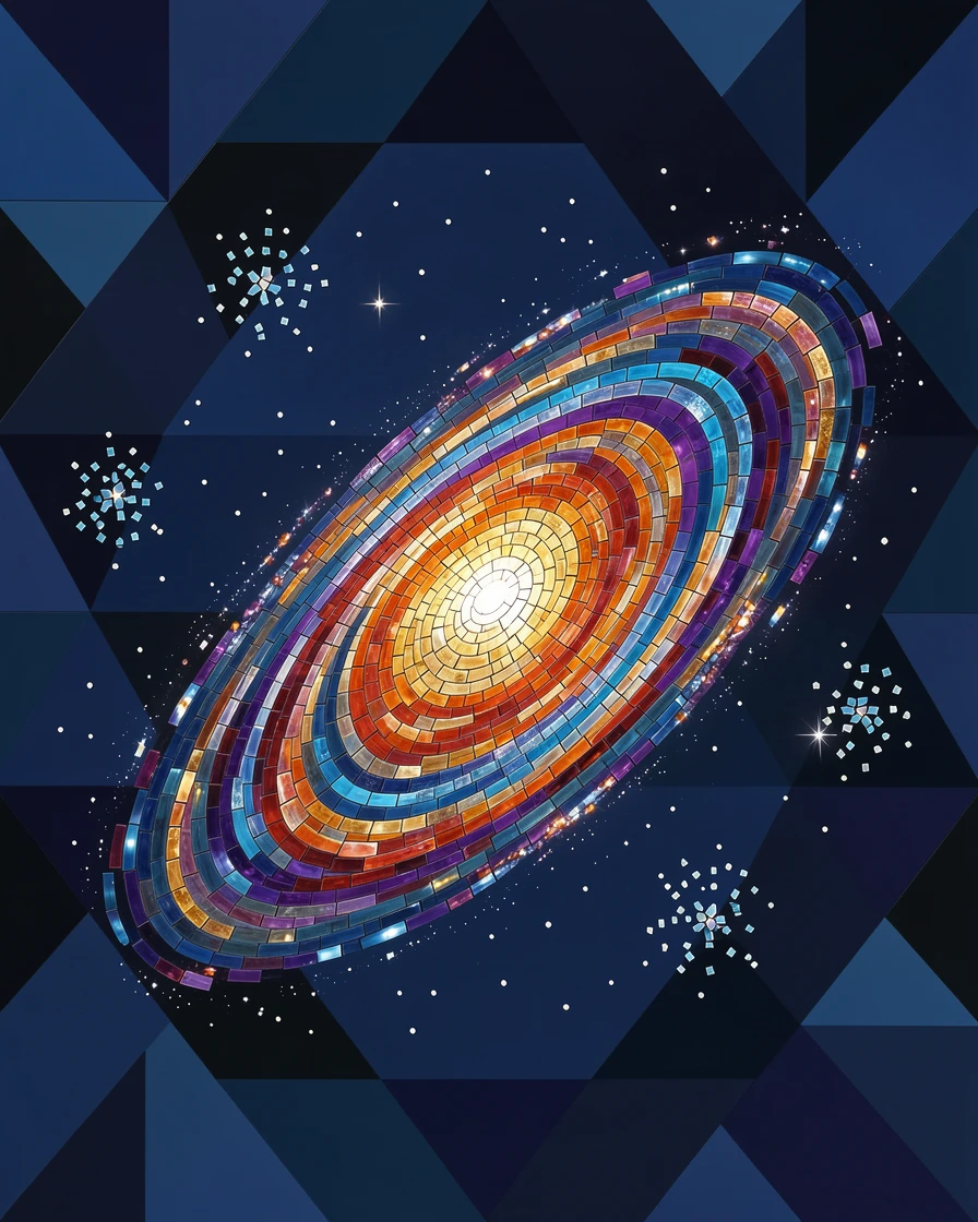 An awe-inspiring wide shot of a distant galaxy spiraling in brilliant color against deep space, evoking wonder and vastness.