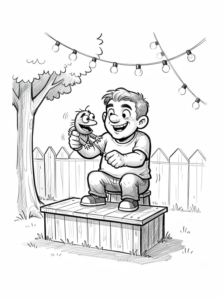 A puppeteer performing behind a small stage in a backyard on a summer evening.