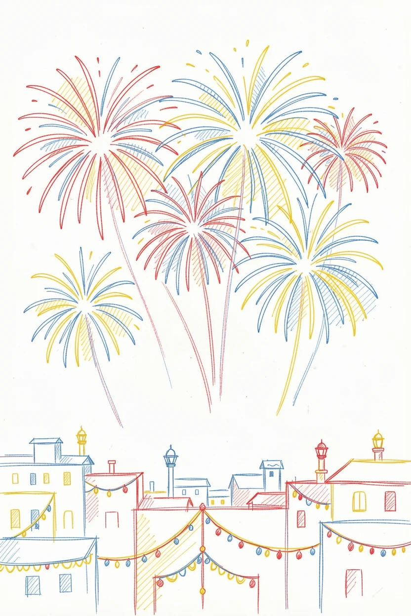 A festive Diwali night sky filled with fireworks over a decorated city