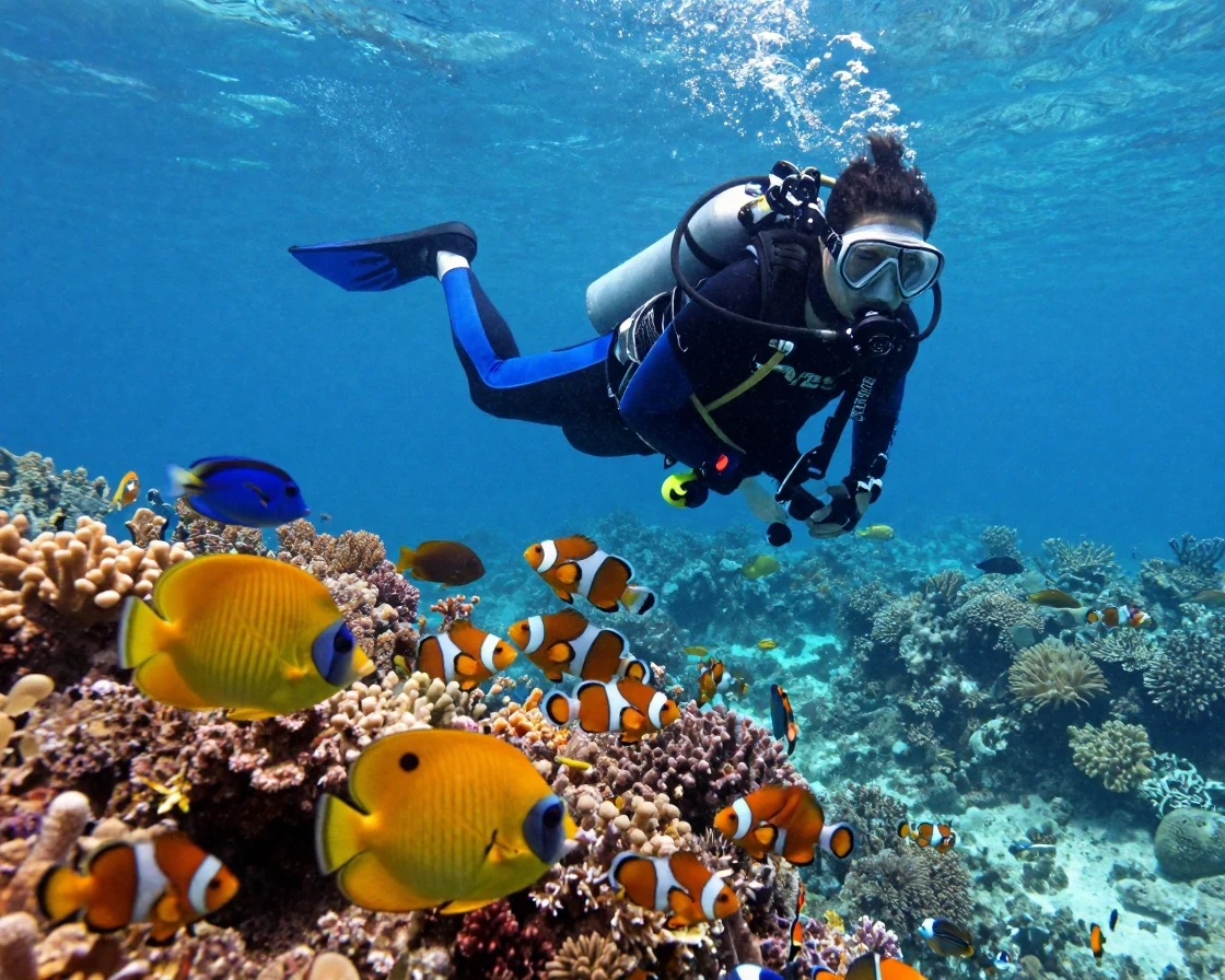 A Great Barrier Reef diver surrounded by colorful fish
