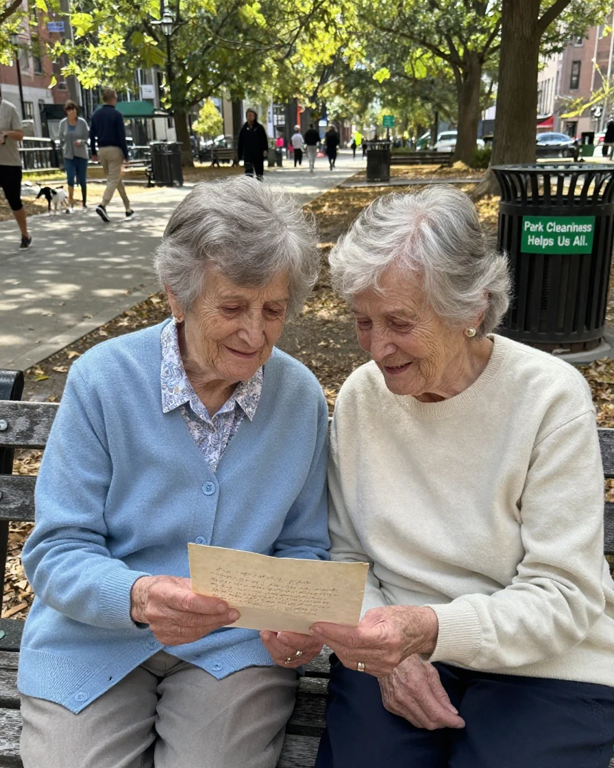 Two elderly women exchange handwritten letters on a park bench, catching up after months apart.
