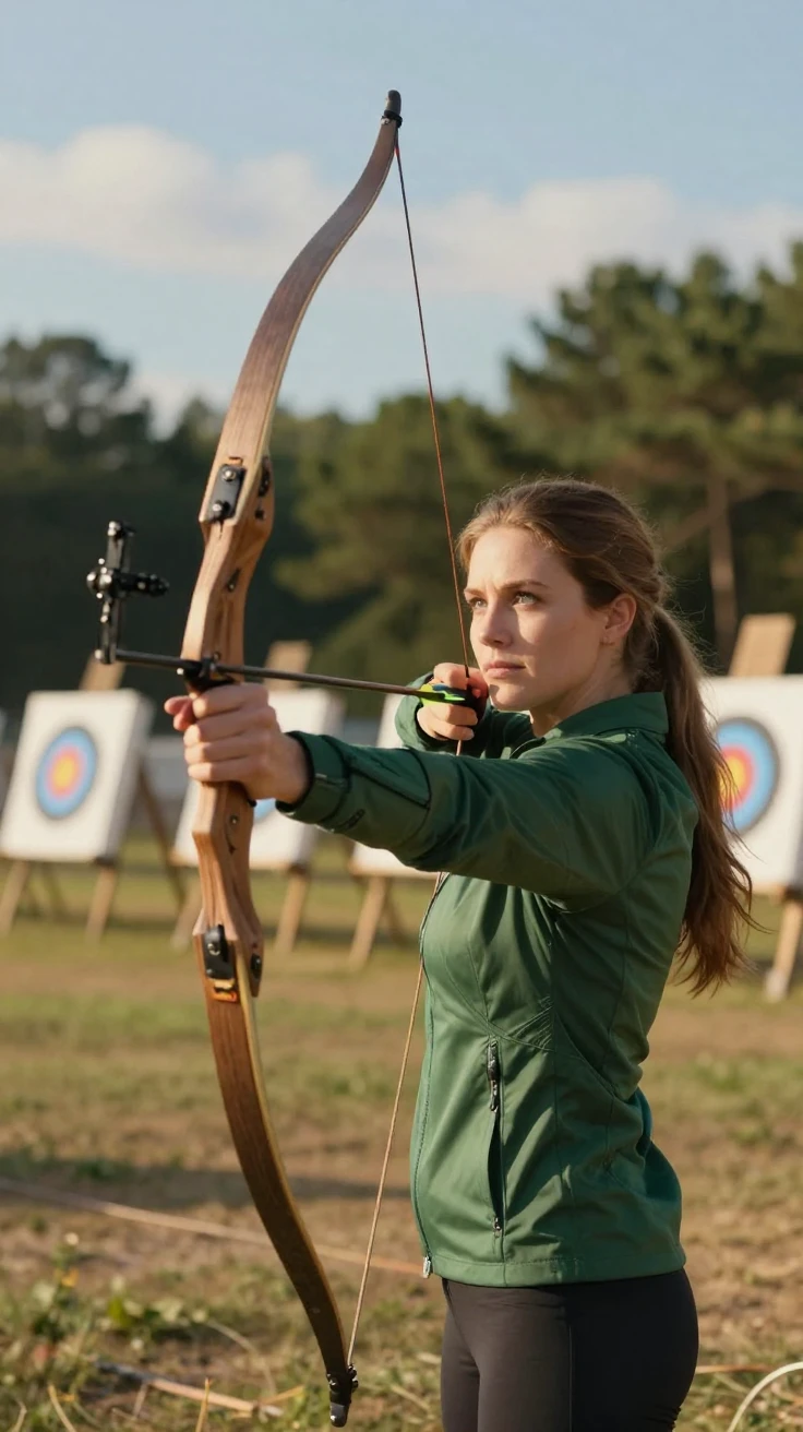 An archer drawing back her bow in perfect focus at an outdoor range