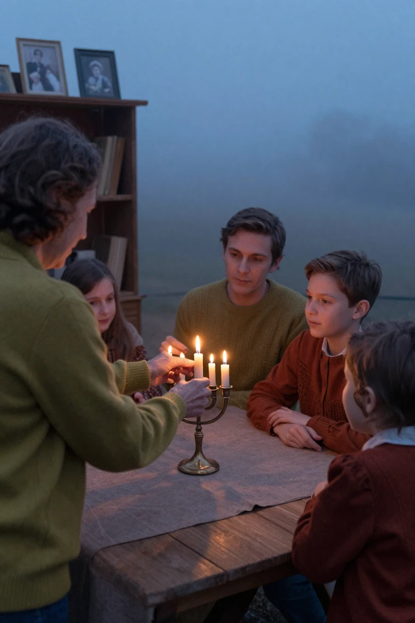 A family lighting candles together for a religious holiday, in cool blue twilight, in thick rolling fog, in the depths of winter, with muted olive and rust colors, over the shoulder of the main subject.