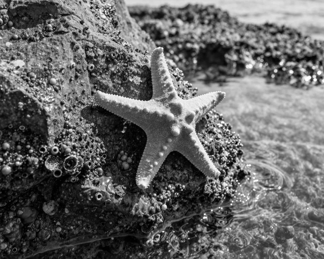 A starfish clings to a sunlit tide pool rock along a rocky shoreline.